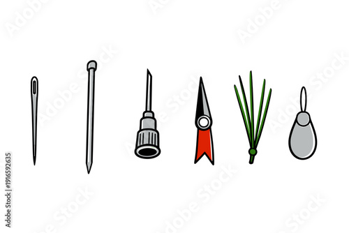 Collection of various crafting and sewing tools including needles, scissors, and a syringe
