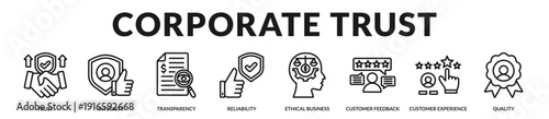 Corporate trust banner highlighting integrity driven governance and reliable customer engagement standards. in Lineal Icon Style