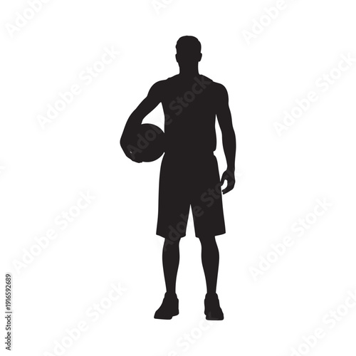 Silhouette of a basketball player holding a ball facing forward