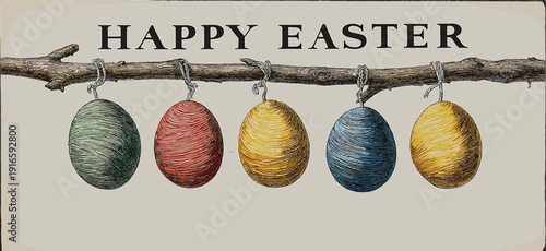 Happy Easter text with hanging eggs on branch greeting card. Colorful patterned Easter eggs hanging from a branch celebrating the holiday season