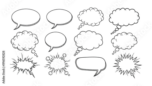 Dialogue cloud collection: A variety of speech bubbles, ready to convey thoughts, ideas, and expressions. Each unique design is crafted for comics and conversations.