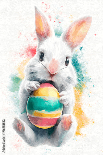 White rabbit holding colorful Easter egg, watercolor splash background. White rabbit holding a brightly striped Easter egg against a vibrant watercolor splash background