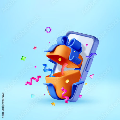 3D Open gift box with celebration confetti on phone screen. Mobile reward promotion for online shopping. Marketing campaign for bonus. Vector illustration