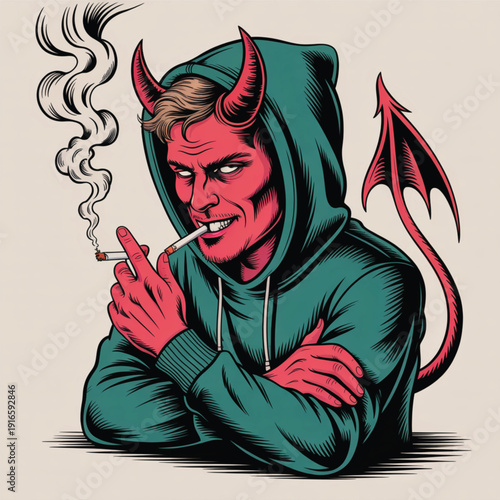 Red devil with horns wearing green hoodie smoking cigarette