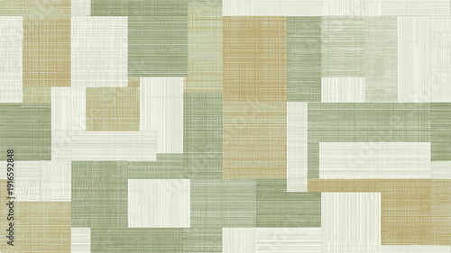 Patchwork geometric pattern creating a seamless textured background. Seamless collage of muted sage and khaki rectangular shapes with woven fabric texture
