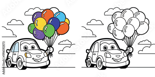 Coloring book page for kids with colorful example and outline of a cute cartoon car holding a bunch of balloons in the sky vector illustration.