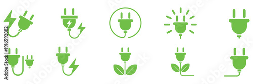 Electric plug and power outlet icon set, charging and voltage symbols, cable icons, vector set on transparent background, high quality energy and power graphics