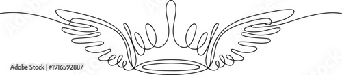 Continuous one line drawing crown with wings. Fantasy crown icon isolated on white. Royal, luxury, vip, first class sign. Winner award. Magic, fairytale girly symbol. one line Icon drawing