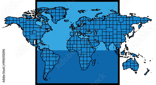 Global Map Grid Representation of Continents and Oceans.