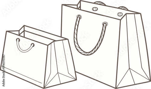 Minimalist Line Art Vector Illustration of Two Simple Shopping Bags, Small and Large, with Handles on a White Background Isolated white background