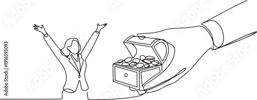 Single continuous line drawing businesswoman was excited to get the treasure chest from the giant hand. Work smarter than ever. The profits obtained are very large. one line Icon drawing