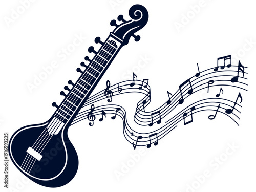 Stylized sitar illustration with flowing musical notes and staff lines