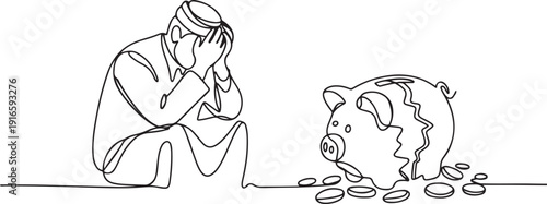 Continuous one line drawing Arabian businessman sit slump next to a large, destroyed big piggy bank. Lament the fate. No capital at all. No savings left. one line Icon drawing