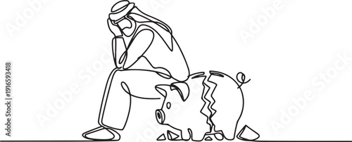 Continuous one line drawing Arabian businessman sit slump next to a large, destroyed big piggy bank. Lament the fate. No capital at all. No savings left. one line Icon drawing