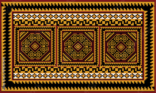 Bold carpet design inspired by traditional tribal cultural motifs seamlessly blended with classic Thai ornamental patterns. The deep black background enhances the rich dark orange details.