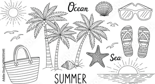 Collection of summer vacation icons, beach palm trees, sea waves, sunglasses, flip flops, starfish, shells, sun, cad drawing flat vector illustration