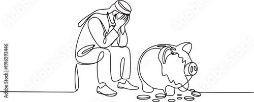 Continuous one line drawing Arabian businessman sit slump next to a large, destroyed big piggy bank. Lament the fate. No capital at all. No savings left. one line Icon drawing
