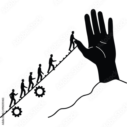 Teamwork and Support: People climbing stairs with a giant hand helping.