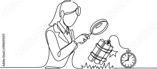 Continuous one line drawing businesswoman holding magnifying glass highlighting dynamite has a clock. Trying to shut down without exploding. Removing barriers. one line Icon drawing