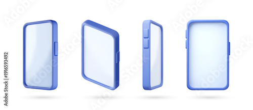 3D Blue smartphone for digital content mockup. Device for mobile application display. Technology for online communication, social networking. Vector illustration