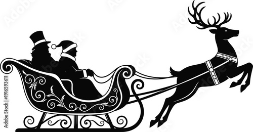 Christmas Santa Claus and elf riding a vintage reindeer sleigh silhouette, holiday winter celebration, cad drawing flat vector illustration, scene