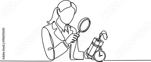 Continuous one line drawing businesswoman holding magnifying glass highlighting dynamite has a clock. Trying to shut down without exploding. Removing barriers. one line Icon drawing