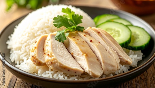 Sliced chicken breast served with white rice and cucumber on a plate close-up view