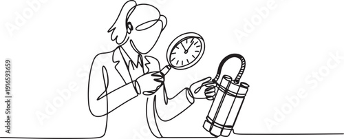 Continuous one line drawing businesswoman holding magnifying glass highlighting dynamite has a clock. Trying to shut down without exploding. Removing barriers. one line Icon drawing