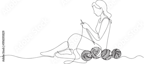 Single line drawing of a woman knitting with colorful yarn balls conveys the creative nature concept. one line Icon drawing