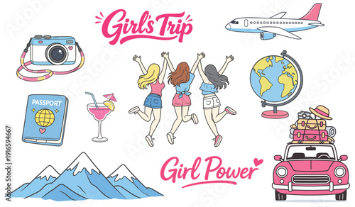 Girls Trip Travel Illustration with Friends Jumping, Airplane, Passport, Camera, Luggage and Girl Power Text
Girls Trip and Girl Power Travel Illustration Set for Female Friendship, Vacation Planning 