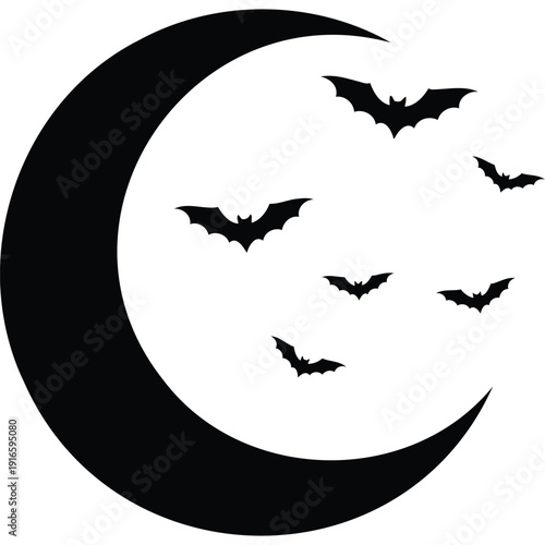 Black crescent moon with flying bats silhouette on white background