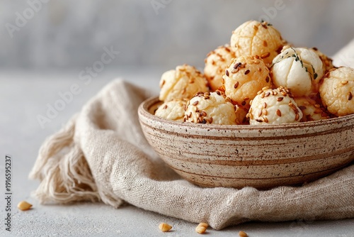 Delicious cheese balls topped with herbs, arranged in rustic bow