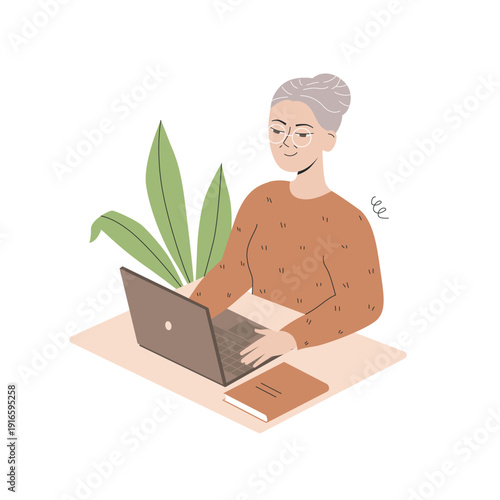Illustration of senior woman sitting at laptop, engaged in learning. Vector concept design of lifelong learning and modern education. Perfect for educational content and technology for seniors.
