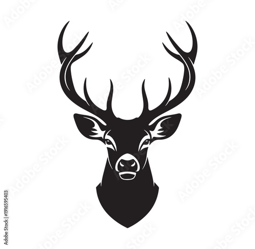 black silhouette of a deer head with large antlers on white background