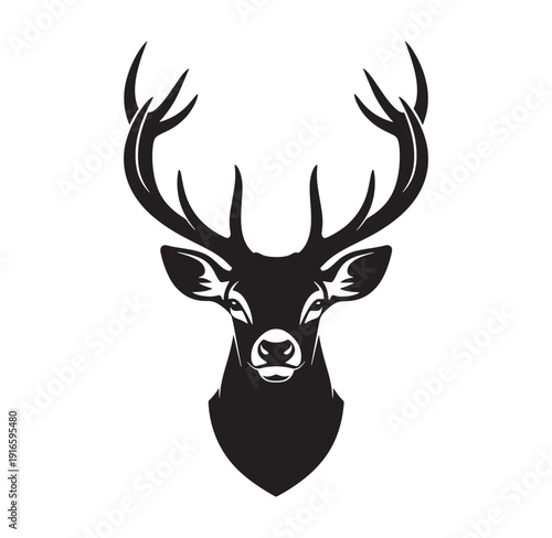 black silhouette of a deer head with large antlers on white background