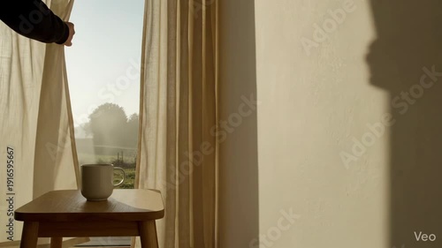 Calm minimal curtain and wall close for minimal lifestyle and clean, wide composition with clean copy space,soft natural light and realistic lens behavior,gentle camera movement,calm minimalist mood f