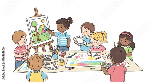 Kids Art Class Vector Illustration with Children Painting and Drawing