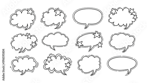 Speech Bubbles Set: A collection of various hand-drawn speech bubbles, perfect for comics or any design needing dynamic textual elements.