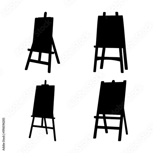 Black silhouettes of artist easels for creative projects and art displays