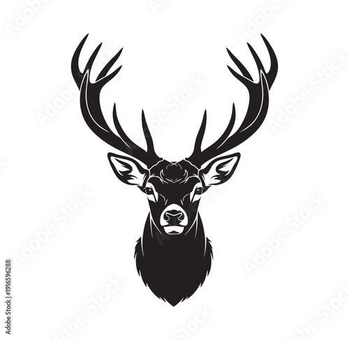 black silhouette of deer head with large antlers on white background