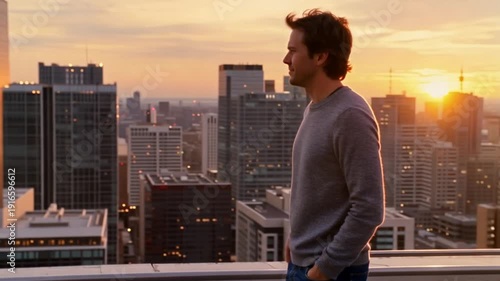 Young man standing on rooftop overlooking city skyline during sunset