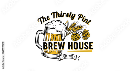 Vintage Brew House Logo with Beer Illustration and Grain Accents for Authentic Brand Identity