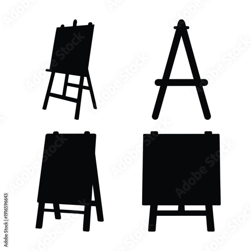 Collection of various black silhouette easels and a-frame display stands