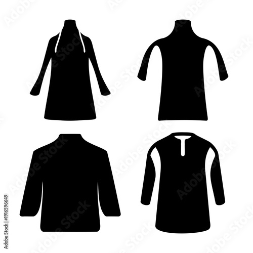 Collection of diverse black silhouette clothing icons depicting various stylish tops and shirts
