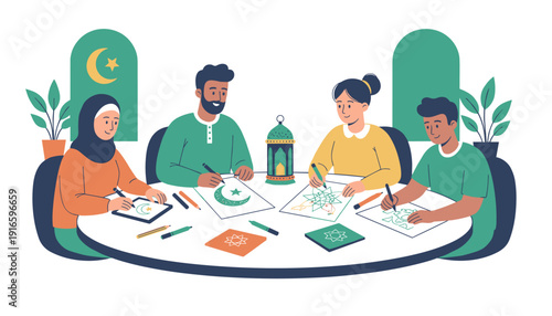 Diverse Group Engages in Creative Activity Around a Circular Table Indoors