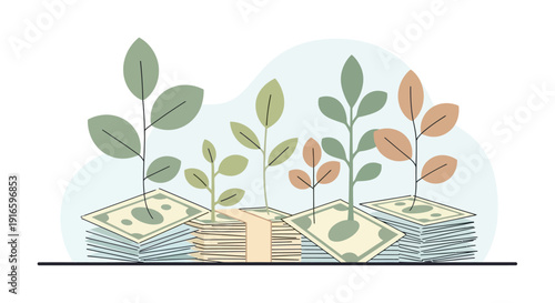 Stacks of money with growing plants.