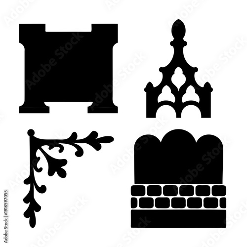 A collection of distinct black silhouettes showcasing classic architectural and decorative elements