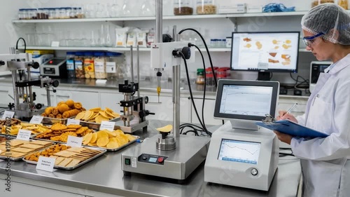 Laboratory environment showing texture testing equipment evaluating crispness and durability of processed snack products.