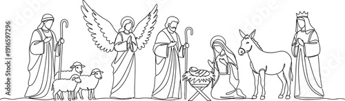 Traditional nativity scene illustration, religious Christmas artwork vector, holy family design drawing, shepherd angel magi icon, hand drawn festive symbol