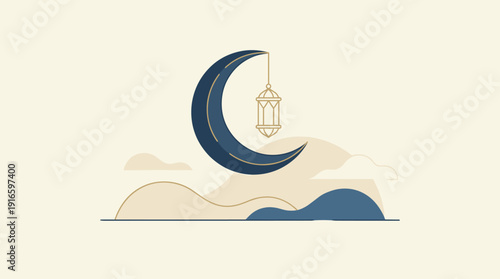Pixel Art Crescent Moon Hanging Lanterns Over Abstract Landscape Night Sky